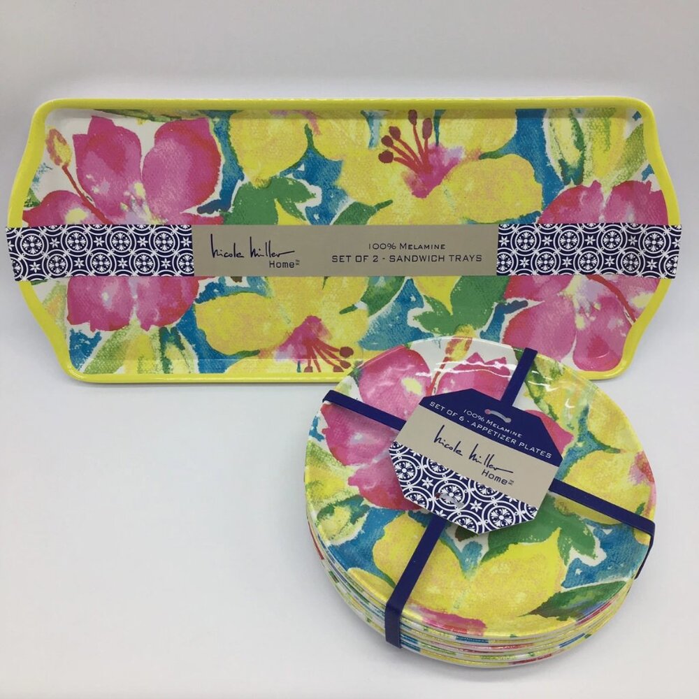8pc Nicole Miller Hibiscus Melamine 6 Appetizer Snack Plate 2 Serving Tray Set